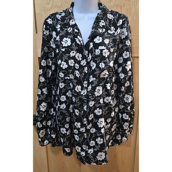 Calvin Klein Womens Black & White Floral Button-Up Blouse Long Sleeve Size M - Picture 1 of 10
